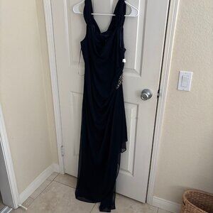 Alex Evenings NWT Navy Blue Cold Shoulder Embellished Ruched Maxi Dress Size 14
